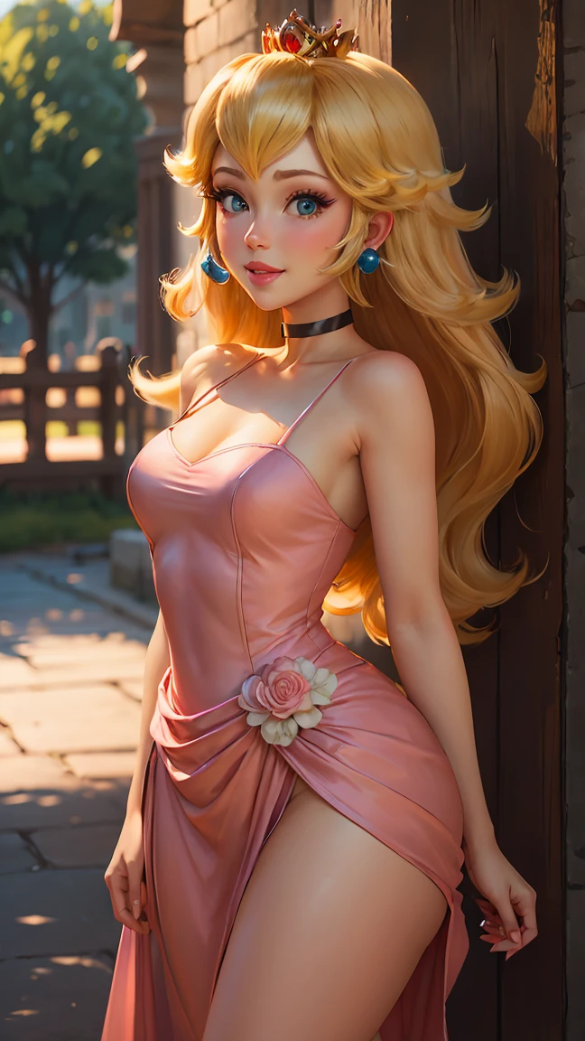 High resolution, masterpiece, Perfect lighting, bloom, Cinema Lighting, Adult, Perfect Skin, woman, From the side, Cowboy Shot, smile, Tight waist, skinny, (Princess Peach), (Princess Peach), (Pink Dress), Fine grain, blue eyes, choker, Sensual, mushroom,Mushroom Kingdom, Pink Lips, ((Glossy Lips)), Pursing your lips, Pink Pumps, Glowing Skin, Oily skin, Beautiful light, (Day:1.3), bright,
Background School