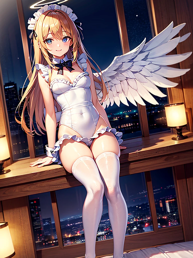 Highest Resolution,Highest quality,Smiling beautiful girl in maid leotard,High leg,(((Frills))),White angel wings on your back,Halo,Bedroom,Night view outside the window,Very beautiful eyes,whole body,front,Knee-high stockings,Drink,