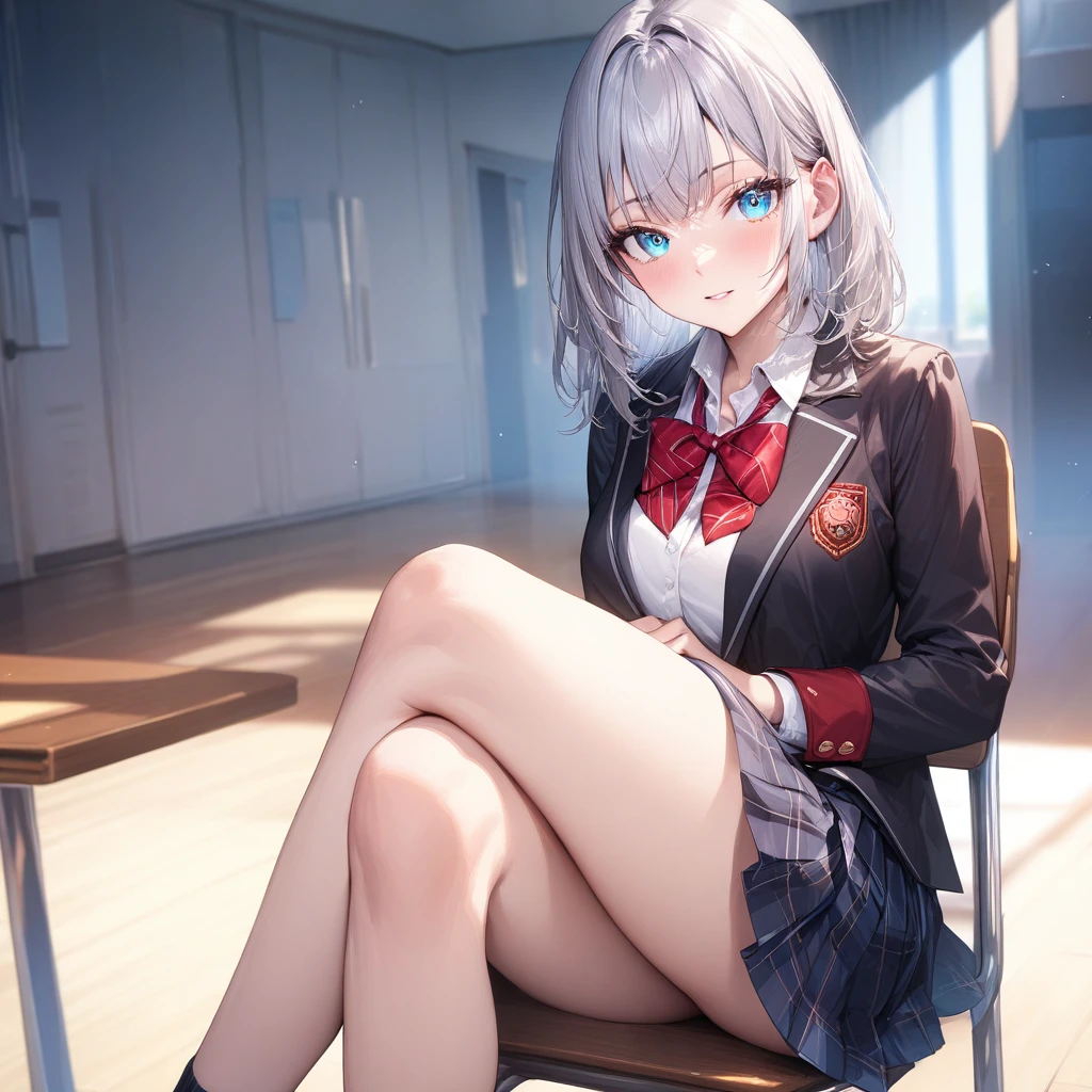 Masterpiece, high resolution, the highest quality, illustration, cinematic light, ultra detailed, detailed face, (((detailed eyes))), Best Quality, hyper detailed, Masterpiece, (detailed face), Alisa Kujou, 1 girl, wide, Blue eyes, shirt, bow, Love, , Jacket, hair Love, (by white), Focus only, bowtie, look at the viewer, red bow, red Love, red bowtie,Skirt, white thighs, ((school uniform)), classroom, sitting on a chair, crossed legs