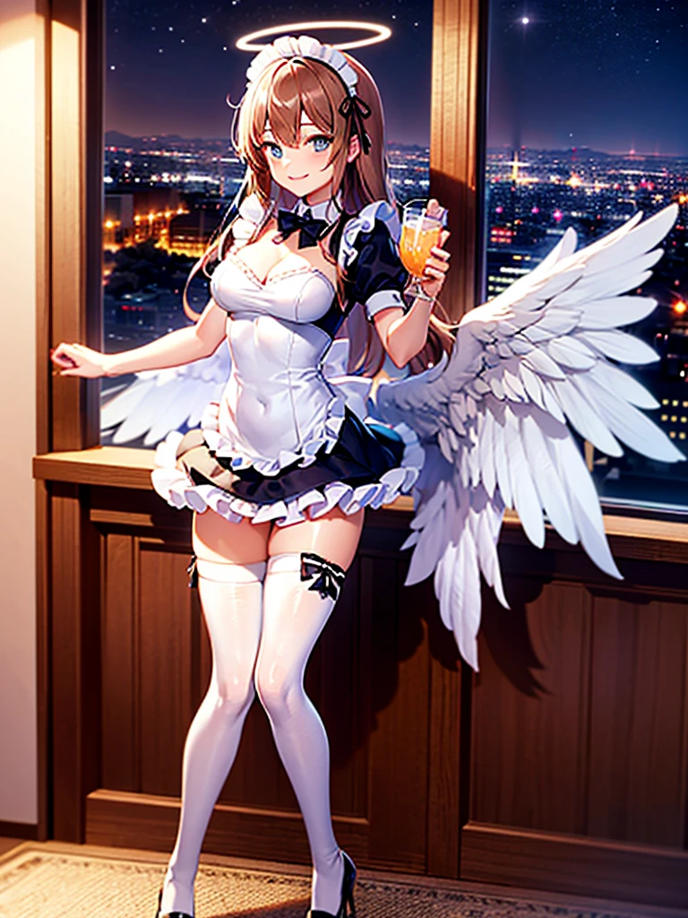 Highest Resolution,Highest quality,Smiling beautiful girl in maid leotard,High leg,(((Frills))),White angel wings on your back,Halo,Bedroom,Night view outside the window,Very beautiful eyes,whole body,front,Knee-high stockings,Drink,