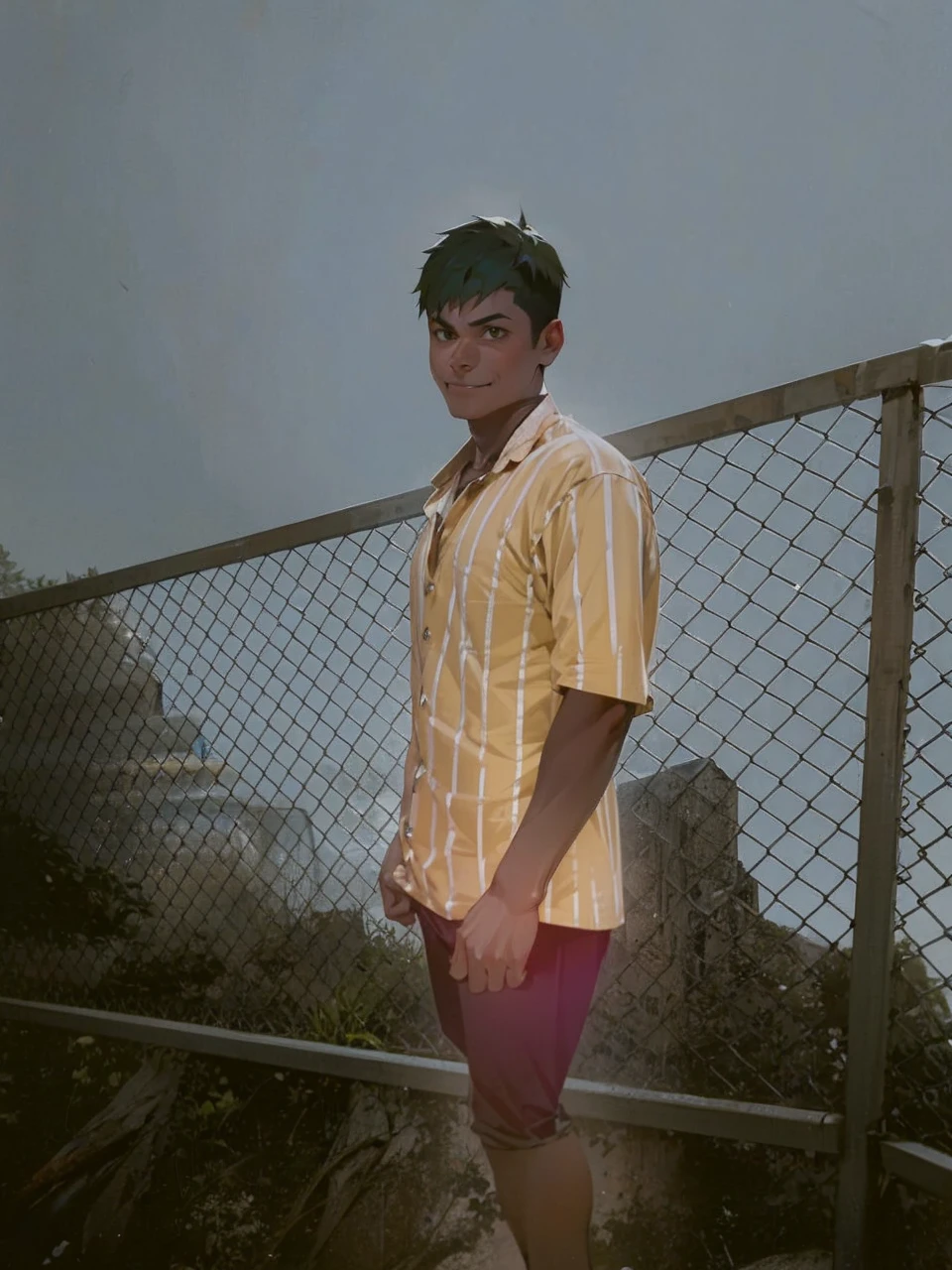 1boy, adult, straight short green hair, muscles, black shirt, black joggers, smile, cool, evil