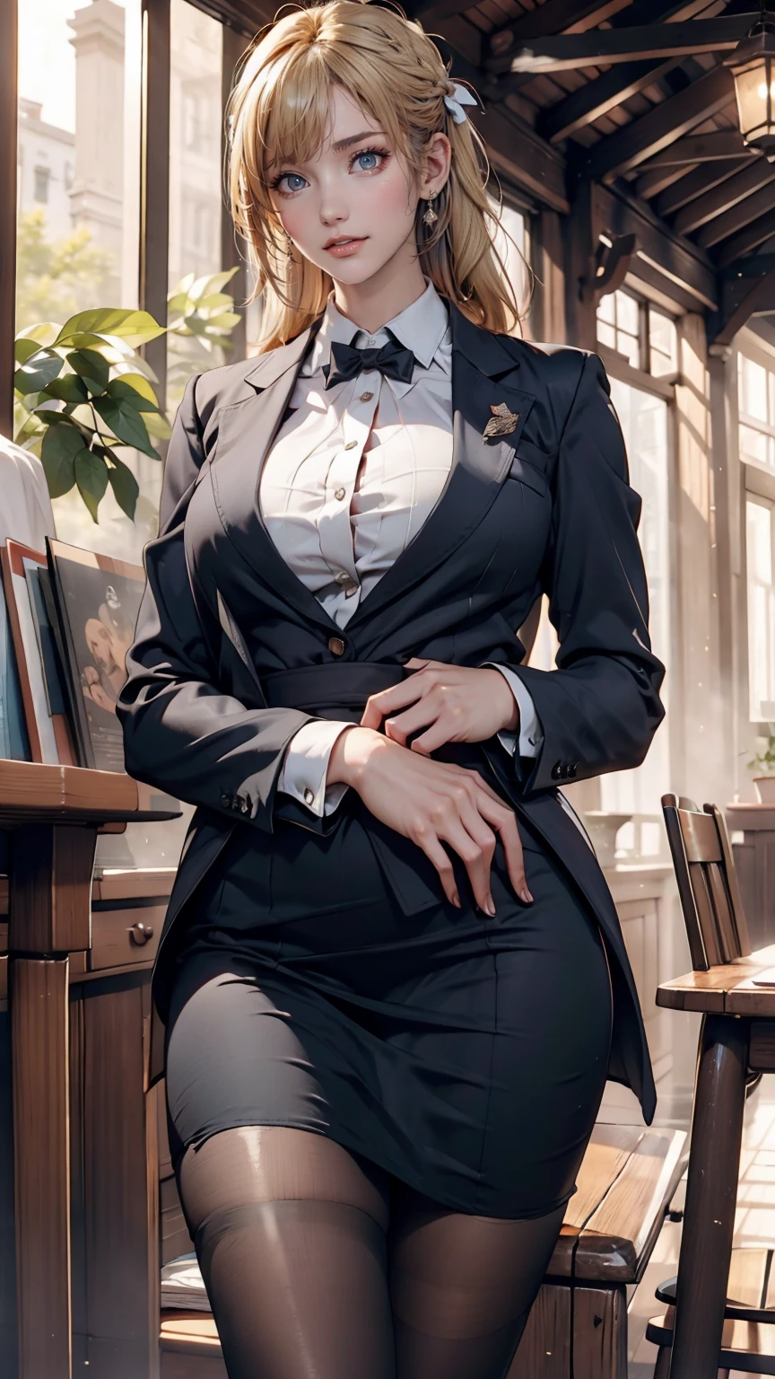 1 Girl, (alone:1.3), ditch, hot spring, Outdoor, Suit jacket, Hug your feet, of course(Blue Archive), Medium chest,  Blonde, Braid, Folded ponytail, Hair Ribbon, Sexy proportions、Sexy、erotic、adult、Thin limbs、Tight body、Sheer blouse、Pencil Skirt、Black pantyhose、Stiletto heels、