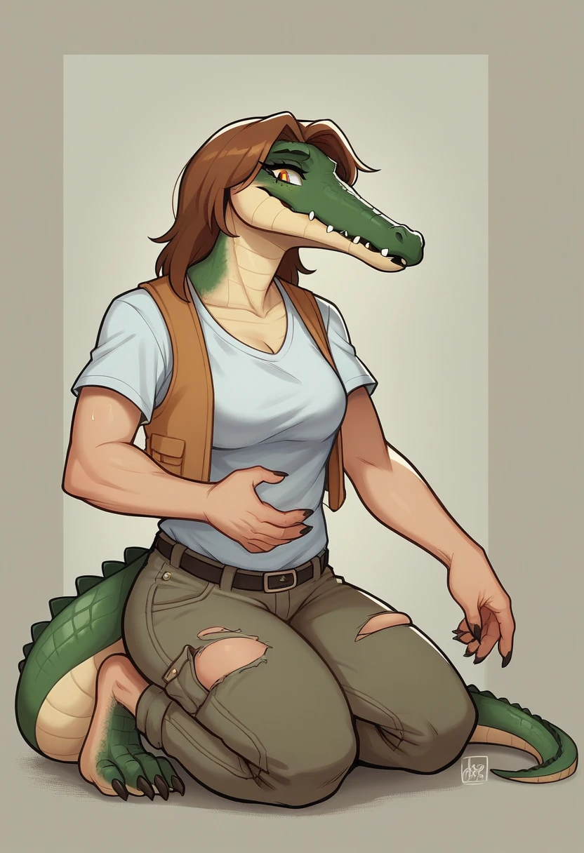 lap,, , horny expression, ( female girl turning into a female alligator), skinny, digitigrade, female, clothes, breast, bust, wearing a vest and cargo pants , BREAK (by zackary911, by braeburned, by haps), (transformation:1.2), on knees, ripped clothes, (human face:1), long straight brown hair, fur, in the city, , alligator facial features, mostly transformed into a Alligator , BREAK