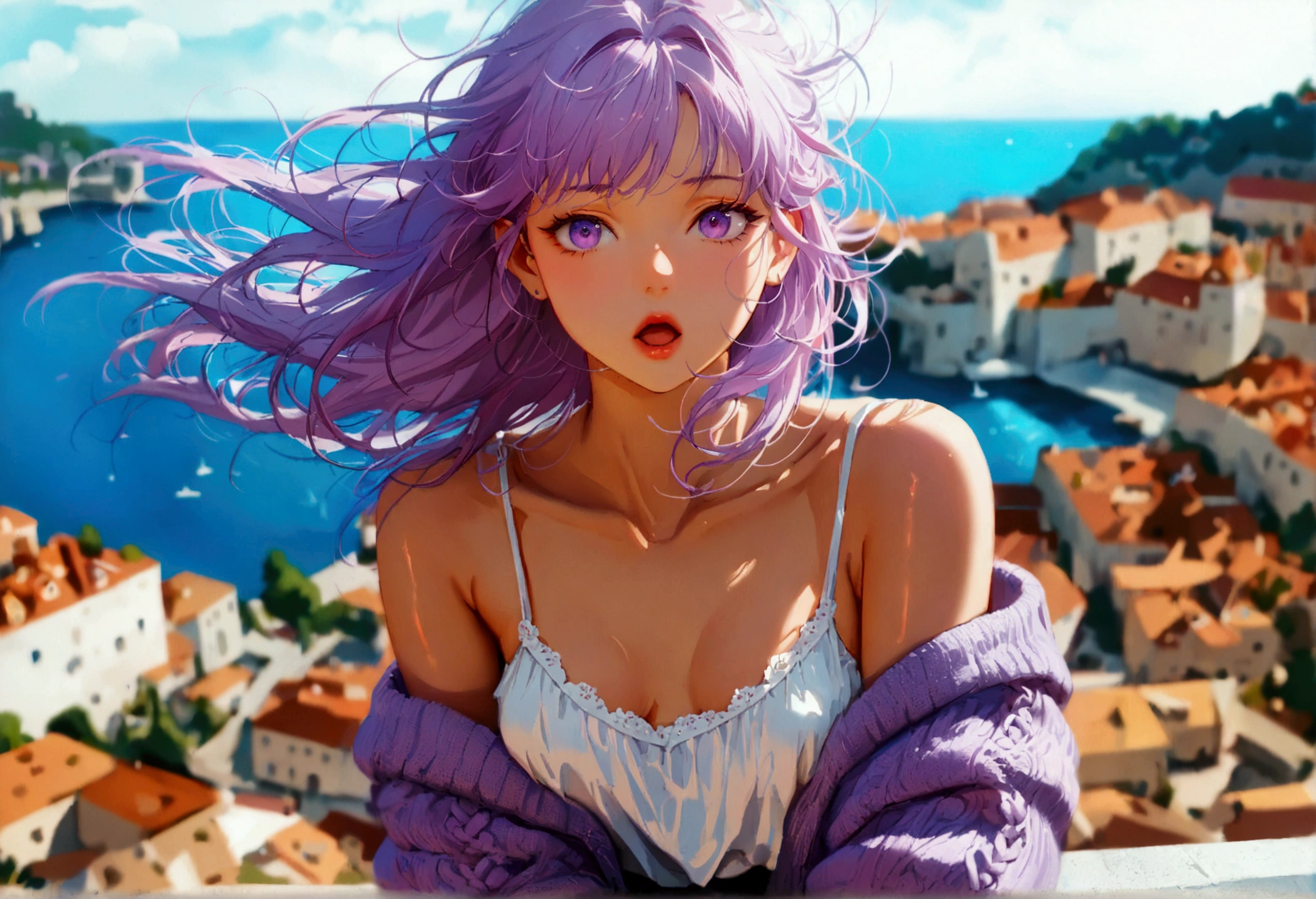 ((masterpiece)), ((Highest quality)), (anime:1.3), (Super Detail:1.2), (High resolution:1.3), (Professional photography:1.3), (Wide Shot), (so beautiful:1.2), (Absurd:1.2), (Sharp focus), (Perfect light), 8k, Glowing Skin, Cinema Lighting, One young woman, (Purple transparent cardigan),（White camisole as inner）, (Black jeans), Toned arms, Small breasts, Shiny light purple hair in a low ponytail, (Purple eyes, Swept-apart bangs), （Pink hair in the eye）、stoic, Open your mouth, clavicle, Hair blowing in the wind, break, ((Highest quality)), (so beautiful:1.2), (Absurd:1.2), (leaning against a low, decorated balustrade), (Dubrovnik cityscape), Summer day, Beautiful Adriatic Sea,