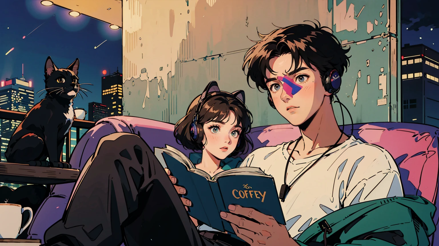 best quality, 8k, 1990s style,2010s hairstyles, 21-year-old boy, black hair, light brown eyes, city pop, pants ,night view, wearing headphones,reading a book, whole body,  relax coffee,table,confection,Looking at me, Black cat
