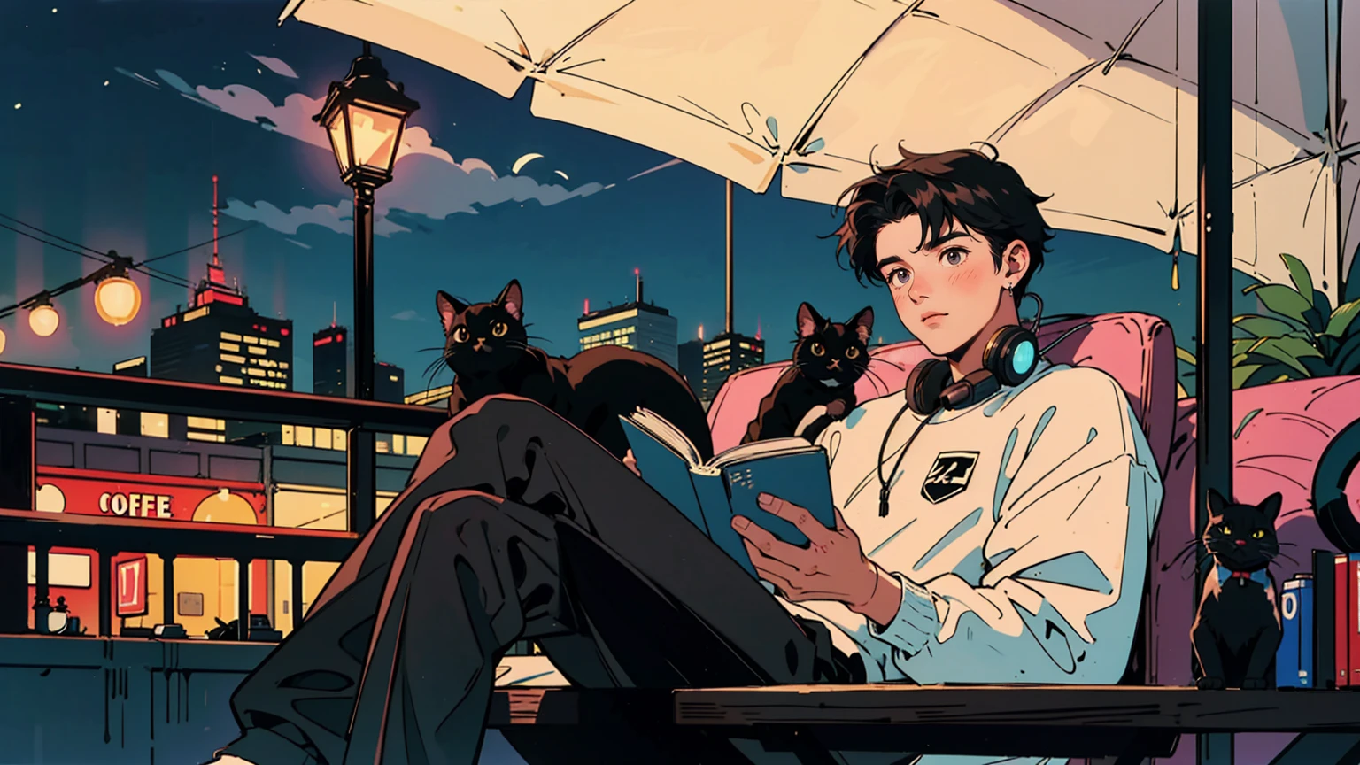 best quality, 8k, 1990s style,2010s hairstyles, 21-year-old boy, black hair, light brown eyes, city pop, pants ,night view, wearing headphones,reading a book, whole body, relax coffee,table,confection,Looking at me, Black cat