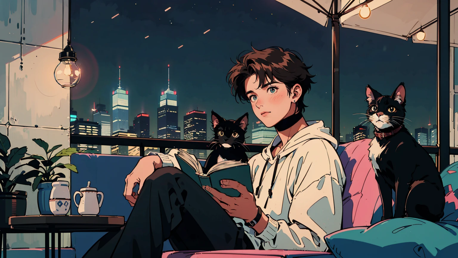 best quality, 8k, 1990s style,2010s hairstyles, 21-year-old boy, black hair, light brown eyes, city pop, pants ,night view, wearing headphones,reading a book, whole body, relax coffee,table,confection,Looking at me, Black cat