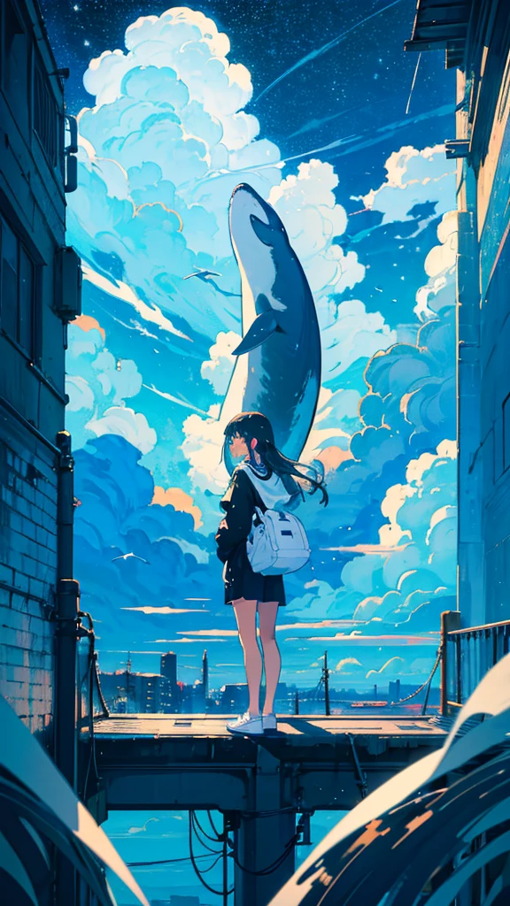 masterpiece, Exquisite detail,Highest quality, One girl, alone, handrail, cloud, Looking up at the buildings,Long Hair, zero, Long sleeve, Power lines, White footwear, Black Hair, View your viewers, Electric pole, bangs, cloudy zero, fish, bird, Green Eyes, Shorts, Day, Black Shirt, barefoot,Whale flying in the sky,Giant whale,night,Star,milky way,night,Pitch black,Buildings,Sitting, High quality anime art style,Standing painting,Splash ink background,Blue Themes,Clear Face,Distinct facial features