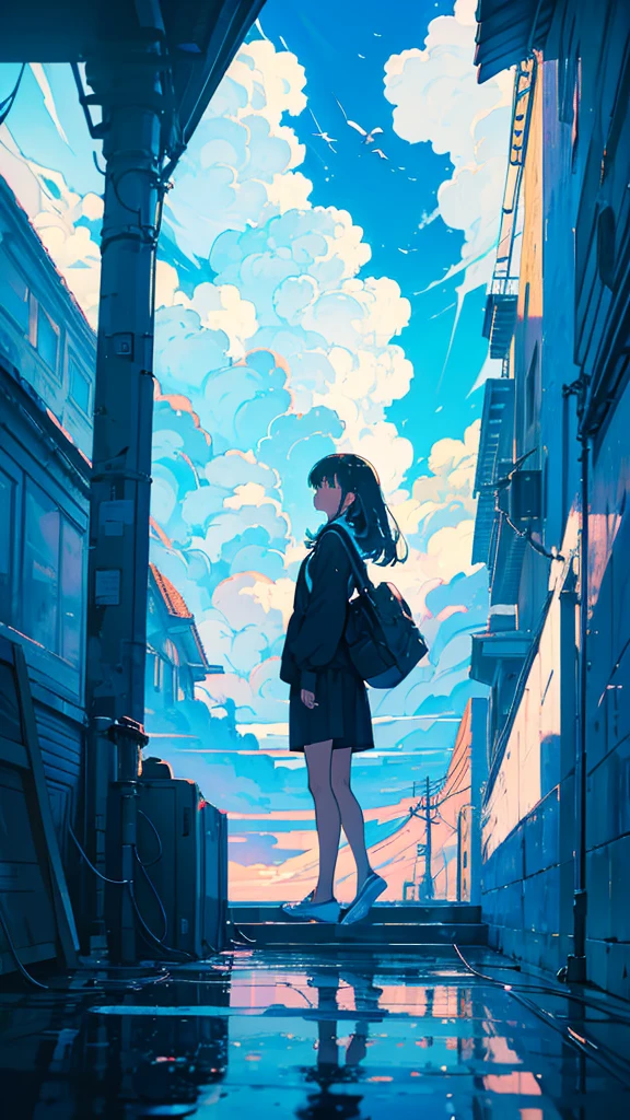 masterpiece, Exquisite detail,Highest quality, One girl, alone, handrail, cloud, Looking up at the buildings,Long Hair, zero, Long sleeve, Power lines, White footwear, Black Hair, View your viewers, Electric pole, bangs, cloudy zero, fish, bird, Green Eyes, Shorts, Day, Black Shirt, barefoot,Whale flying in the sky,Giant whale,night,Star,milky way,night,Pitch black,Buildings,Sitting, High quality anime art style,Standing painting,Splash ink background,Blue Themes,Clear Face,Distinct facial features