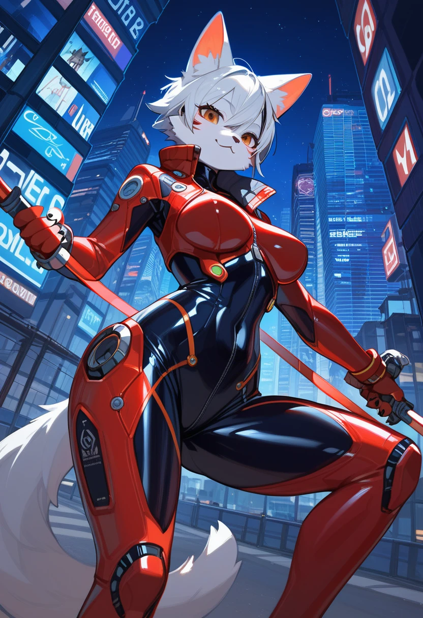 animation, Highest quality, Highest quality, High quality illustrations, masterpiece, Ultra-high resolution, Detailed Background, skyscraper, night, Absurd, Perfect Anatomy, performance, Good lighting, Shadows in the movies(kemono, Furry PersonifiCation), Cat, woman, White Skin, Red Rubber Suit, latex, neon, neonライト, neonカラー, Bodysuits, Cyber Suit, Mech Suit, Rubber Half Jacket, cyber punk, Blade Runner, Holding a blade