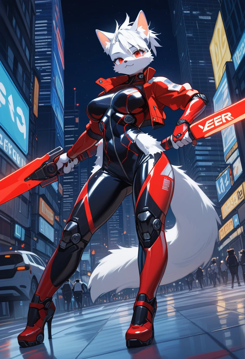 animation, Highest quality, Highest quality, High quality illustrations, masterpiece, Ultra-high resolution, Detailed Background, skyscraper, night, Absurd, Perfect Anatomy, performance, Good lighting, Shadows in the movies(kemono, Furry PersonifiCation), Cat, woman, White Skin, Red Rubber Suit, latex, neon, neonライト, neonカラー, Bodysuits, Cyber Suit, Mech Suit, Rubber Half Jacket, cyber punk, Blade Runner, Holding a blade