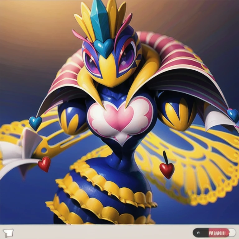 Anime screenshots, anime, ,a queen bee, female, four golden wings, fur around the neck, dressed in a blue and yellow queen's outfit, queen's gloves, floating hands, pink heart on the chest, other small hearts on her clothes, a different septer in each hand