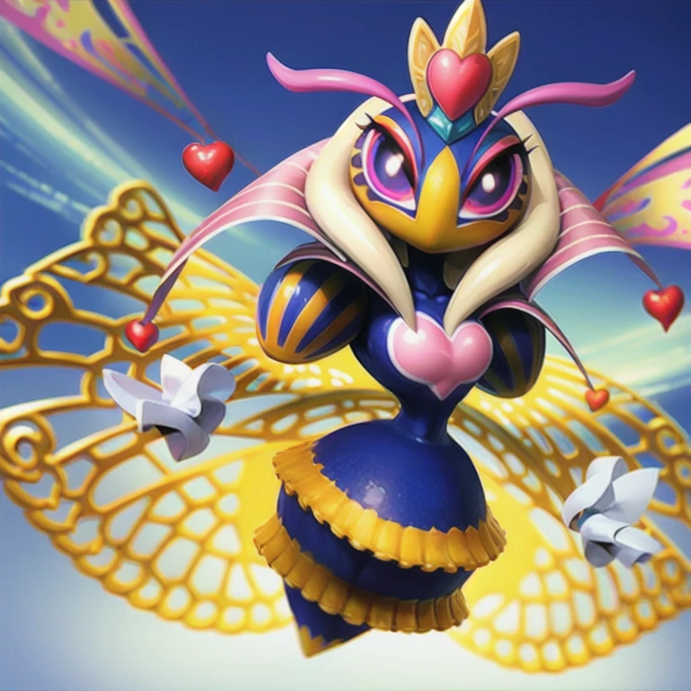 Anime screenshots, anime, ,a queen bee, female, four golden wings, fur around the neck, dressed in a blue and yellow queen's outfit, queen's gloves, floating hands, pink heart on the chest, other small hearts on her clothes, a different septer in each hand