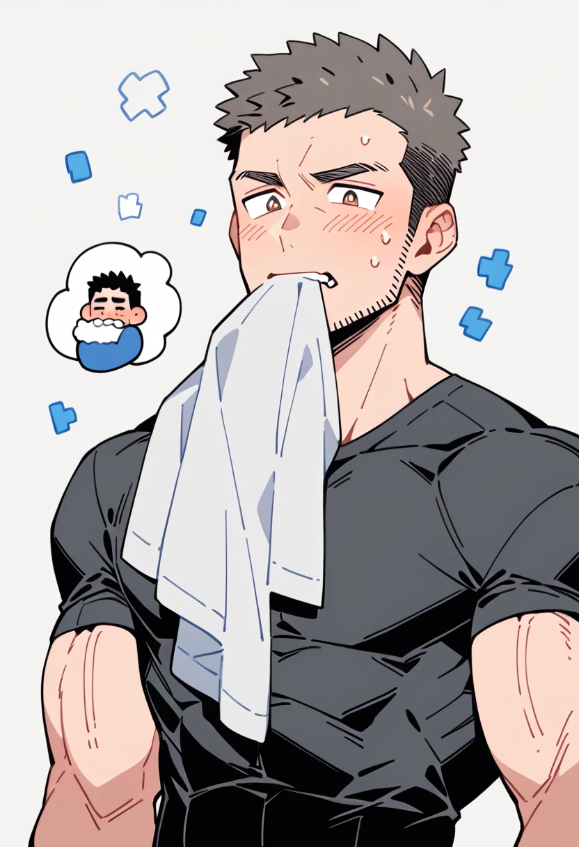 anime characters:Priapus, Muscle Sports Student, Manliness, male focus, Dark black tight T-shirt, Very tight, Sweat soaks clothes, full and perky chest muscles, muscular male, muscular, only, Upper body, Perfect muscular waist, alone, Black short hair, Thick eyebrows, stubble, Brown-red pupils, White background, simple background, amazing quality, best aesthetics, Ridiculous, crew cut, blush, mouth hold, Biting a white cotton towel in the mouth, embarrassed, shy, endured face, negative space, best quality