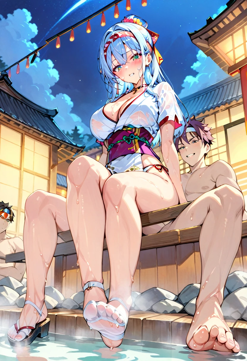 (((nsfw))),(((groping by man))),(((molestation))),(((fingering))),(((white sheer fabric fundoshi))),(((wears tabi on feet))),(((white short sleeve kimono tops))),(((Show cleavage))),(double-breasted,underbust:1.2),(((Japanese festival twisted headband))),(((she is wet))),(((Brightly lit hot spring at night))),(((surrounded by multiple guys)))
