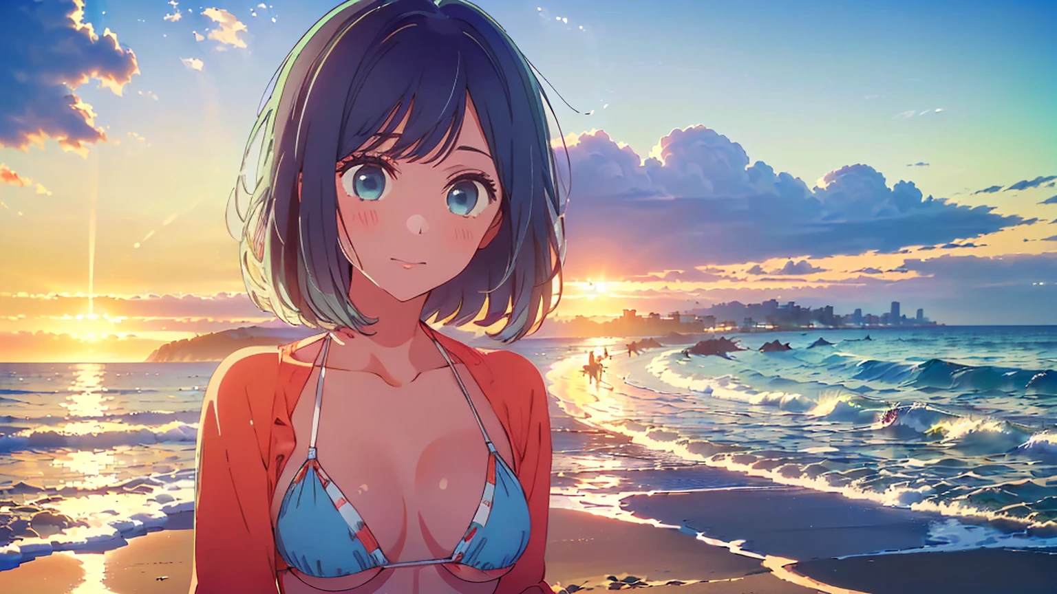 (Highest quality:1.4、masterpiece:1.4、Super detailed:1.4、8k:1.4)、((((1 person、Surprised expression、Standing on the beach in the setting sun、Warm rays of the sun、Sandy Beach、Micro Bikini、Very soft 、Big eyes、Very cute face))))、F cup bust、Big Breasts