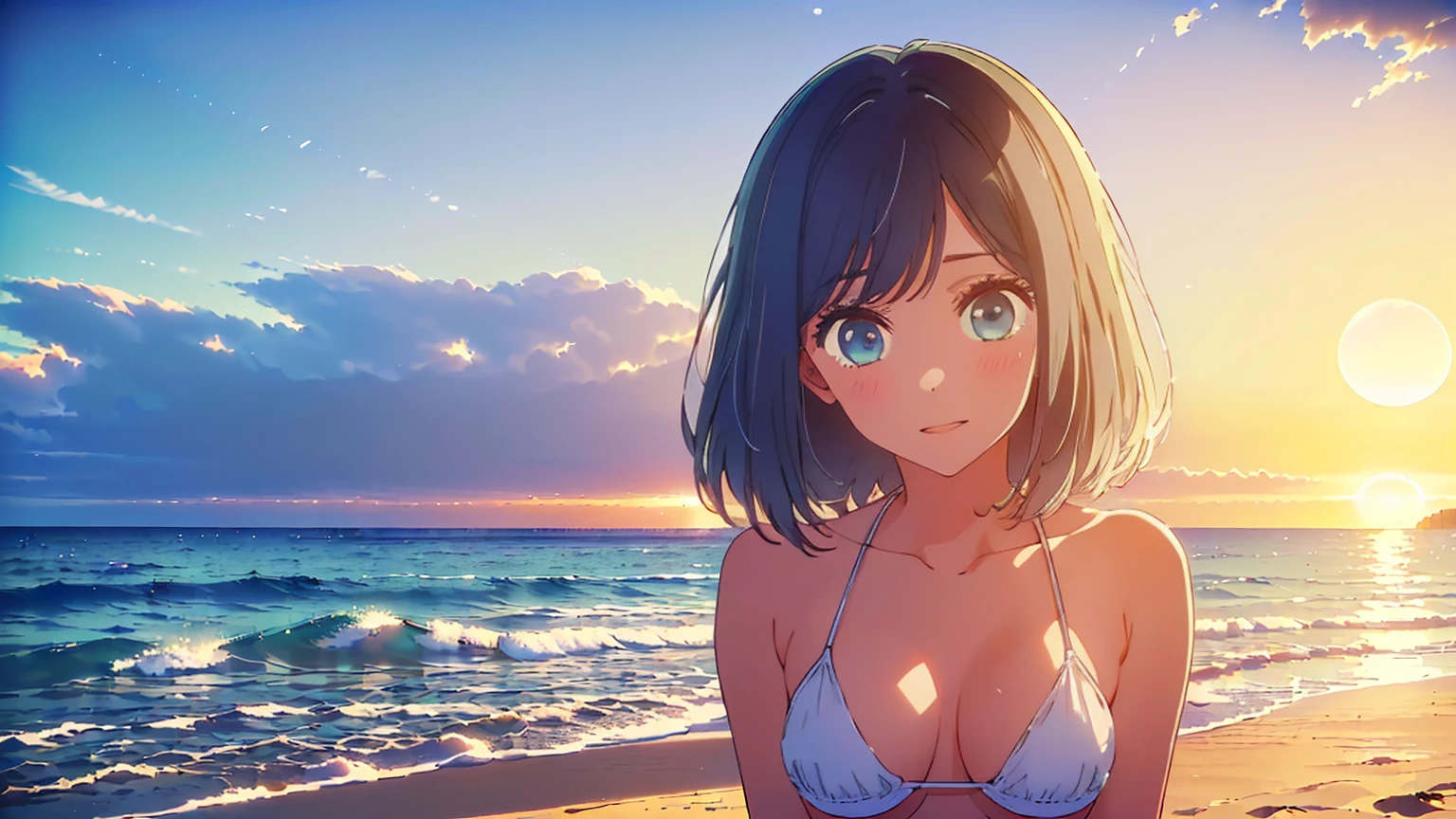 (Highest quality:1.4、masterpiece:1.4、Super detailed:1.4、8k:1.4)、((((1 person、Surprised expression、Standing on the beach in the setting sun、Warm rays of the sun、Sandy Beach、Micro Bikini、Very soft 、Big eyes、Very cute face))))、F cup bust、Big Breasts