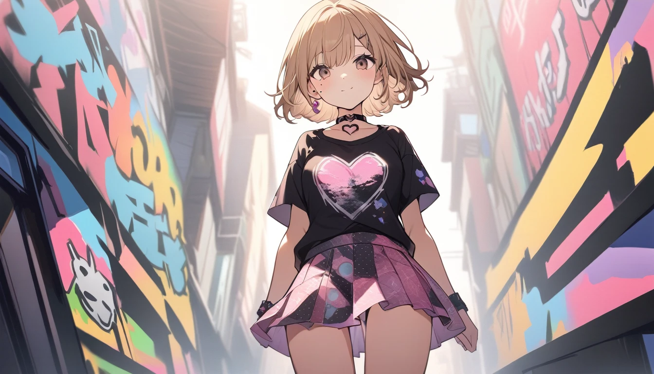 Graffiti art、Positive Space、Silkscreen、asymmetry、One Girl、Light brown hair、Black Tank Top、pink pattern mini skirt、Side angle、Heart-shaped choker、Cute mole under the eye、Super fine、Super fine背景、16K、