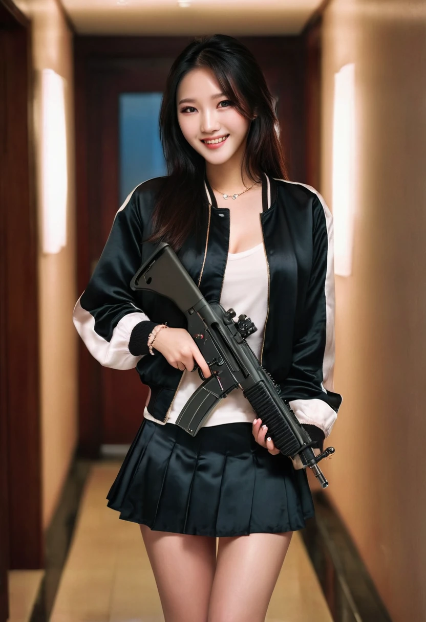 Half body photo, 1 beautiful Asian girl; coy smile, black satin bomber jacket with white sleeves; holding a full size MP5 gun in in her hands, m16 rifle black satin skirt,, long hair,wearing jewelry, natural makeup, extremely detailed eyes and face, lovely smile, delicate blush, sensuous lips, intricate facial details, perfect skin, flawless skin texture perfect, ; standing in a long hallway with many doors, evening lighting, vivid colors, , subtle , dreamy, luxurious atmosphere, low lighting; Super high quality, surreal, 8K, high resolution, masterpiece, detailed, extremely magical, professional cinematic lighting, , vibrant colors; Fine brushstrokes,ethereal vibe,mesmerizing gaze,dreamy atmosphere,blending elegance,subtle color gradients,,understated beauty. In the background several men lay unconscious on the hallway floor