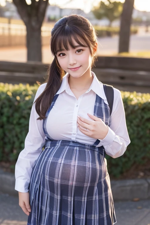 ((masterpiece, Best Quality)), ((A high resolution)), (photograph realistic), Best Shadow, high detailing, Very detailed, (nice hand, Perfect hands), (Face Focus:1.2), ((1girl in)), Beautiful Girl, 18 years old, 1 pregnant woman, Brown eyes, (brown ponytail hair 1.5), (big breasts:1.3), (smile:1.3), (late pregnancy:1.2), Standing gracefully, long skirt, Glossy white skin, (view from front:1.3), (Very slender:1.3), (Cute face:1.3), (look at viewer:1.4), Kawaii face, thin lips, detailed facial features, Crisp focus, perfect beautiful body and face, Cute childish face, Perfectly focused, (school uniform:1.2), Long bangs, in the twilight city, (cowboy shot:1.2), japanese famous idol, (Standing:1.3)