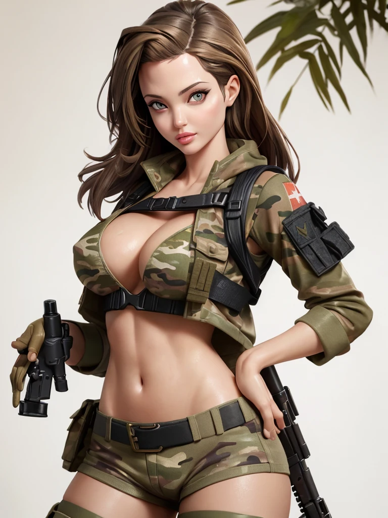 An image of a busty female soldier, angelina jolie, brunette hair, gorgeous, (cleavage), camo vest, hotpants, jungle, (detailed skin complexion:1.2), best quality, vivid color, rtx shading effect, ambient occlusion, highly detailed textures