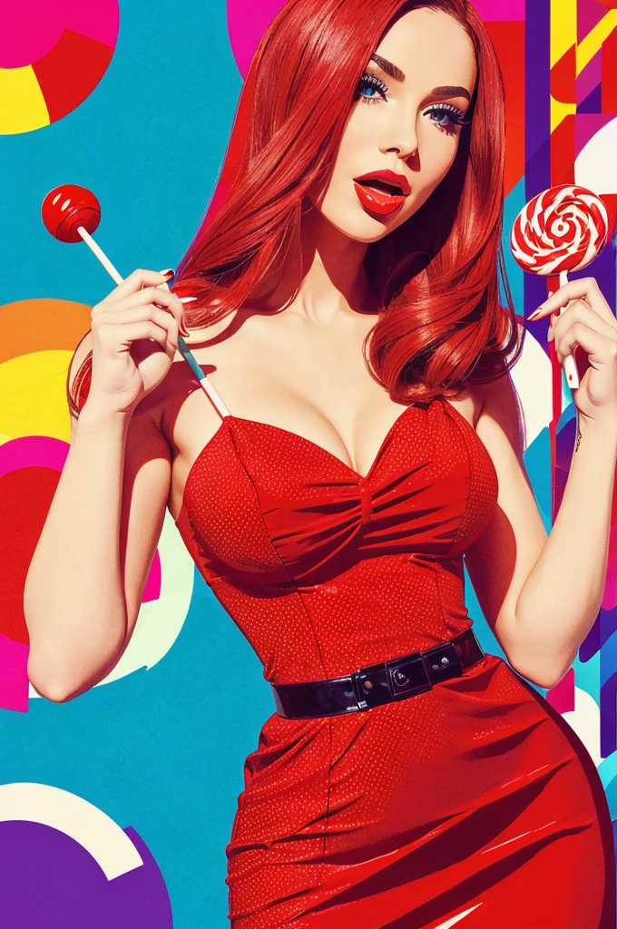 "An illustration of a beautiful woman wearing a red dress, holding a lollipop. She must have a confident and powerful expression. The style must be pop art, with strong colors, dots and exaggerated features typical of pop art. The background must be simple and light, focusing on the woman’s posture, expression and lollipop.”