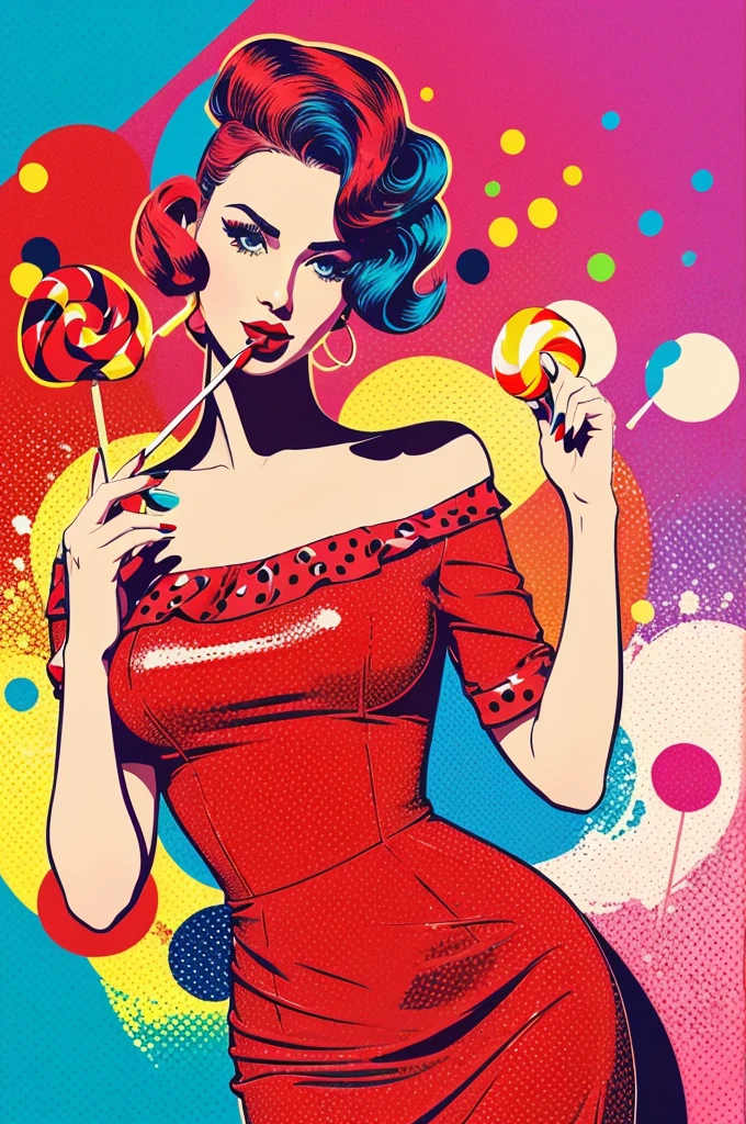 "An illustration of a beautiful woman wearing a red dress, holding a lollipop. She must have a confident and powerful expression. The style must be pop art, with strong colors, dots and exaggerated features typical of pop art. The background must be simple and light, focusing on the woman’s posture, expression and lollipop.”