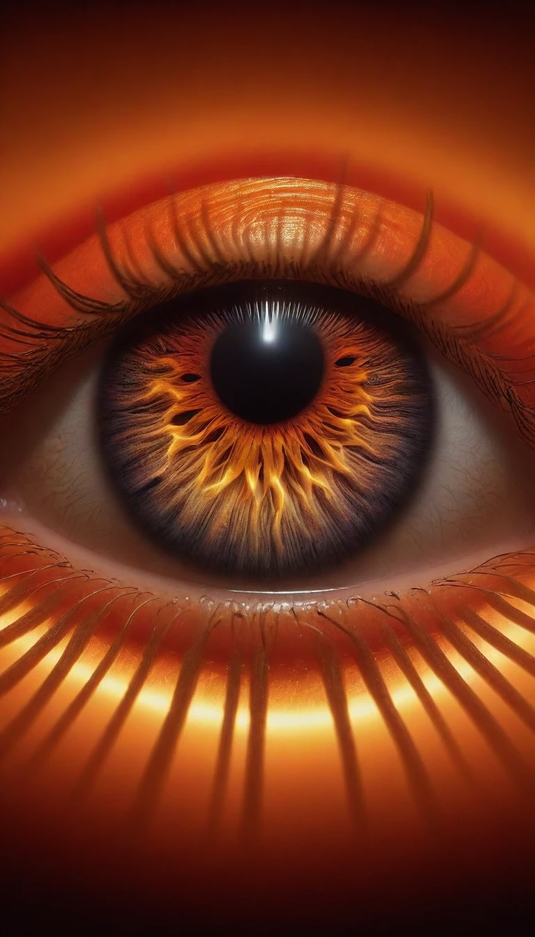 An eye with a vibrant orange-hued iris, reflecting a flaming environment