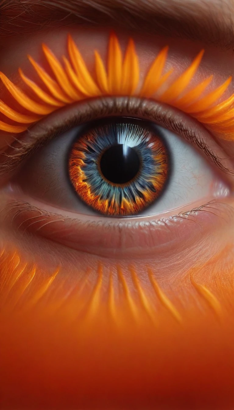 An eye with a vibrant orange-hued iris, reflecting a flaming environment 