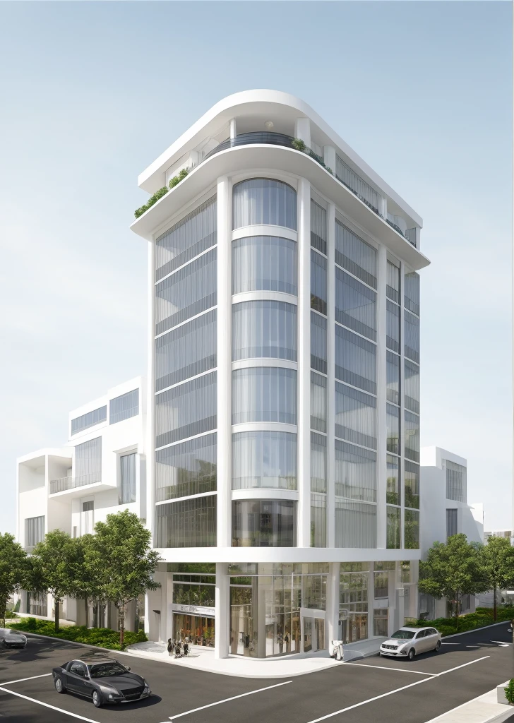 (masterpiece, best quality:1.2), rendering of a modern office building ,hotel, office building ,city landscape, white wall, black glass window