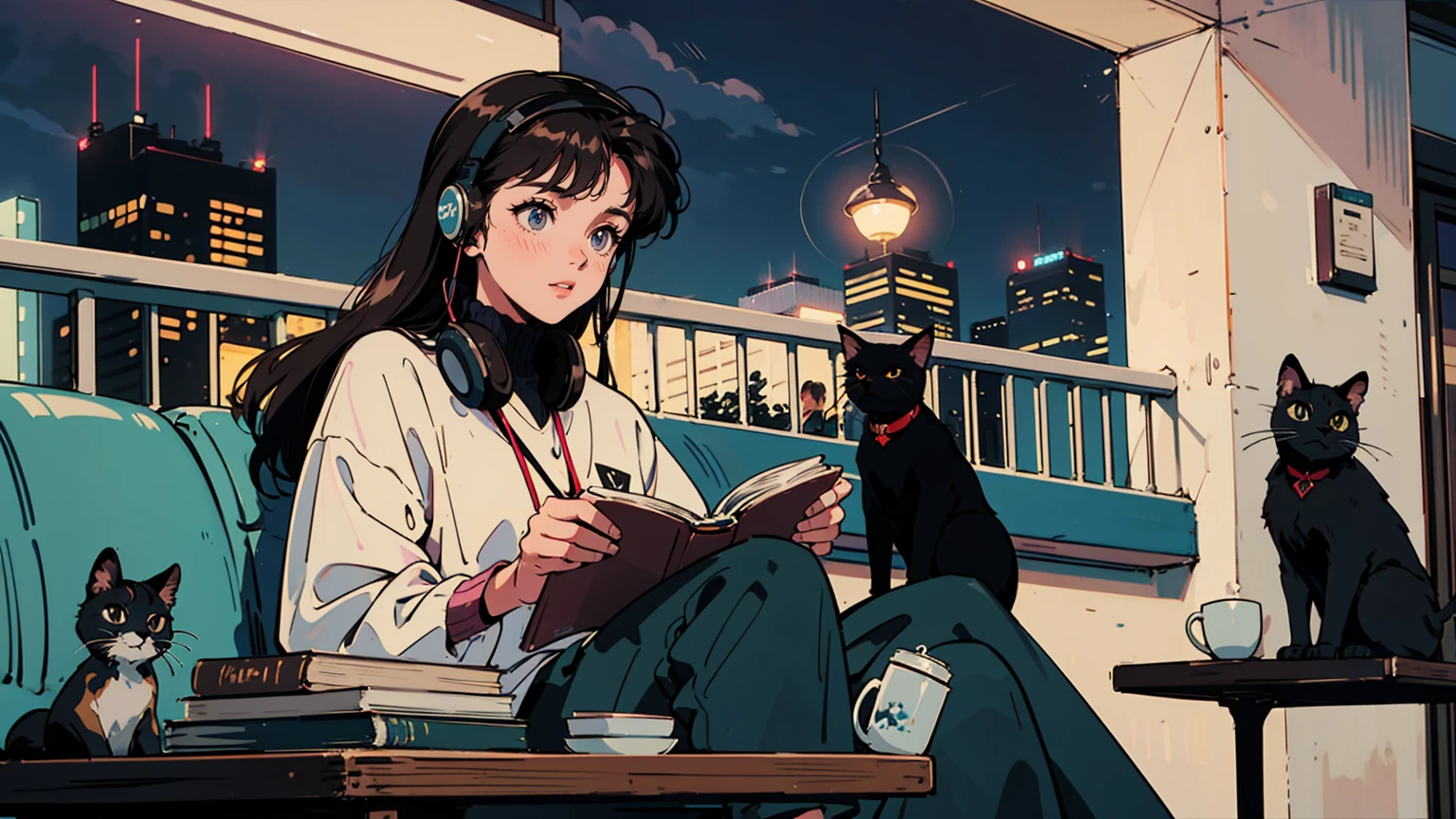 best quality, 8k, 1990s style,2010s hairstyles, 21 year old girl, black hair, long hair, light brown eyes, city pop, pants ,night view, wearing headphones,reading a book, whole body,  relax coffee,table,confection,Looking at me, Black cat
