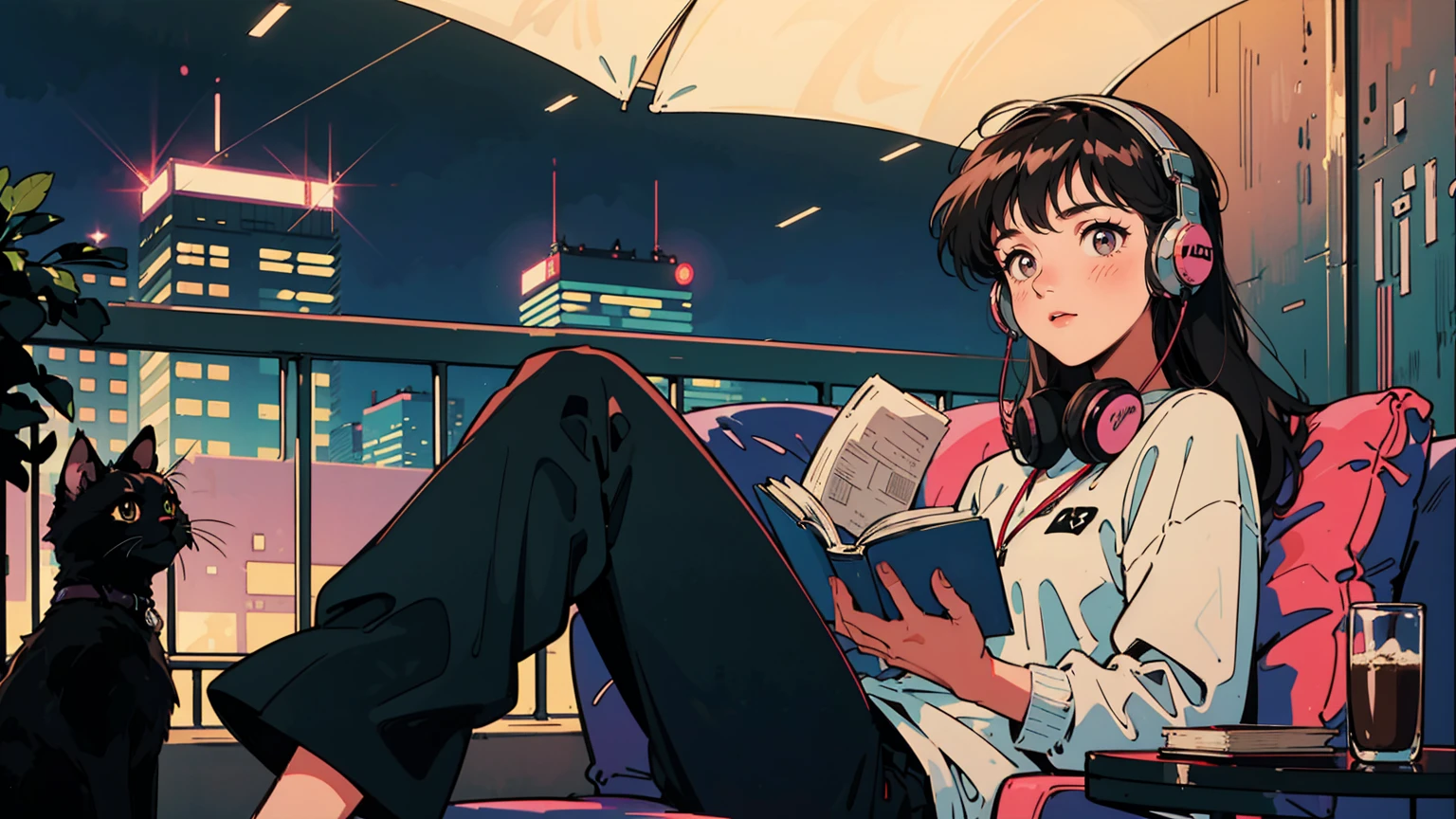 best quality, 8k, 1990s style,2010s hairstyles, 21 year old girl, black hair, long hair, light brown eyes, city pop, pants ,night view, wearing headphones,reading a book, whole body, relax coffee,table,confection,Looking at me, Black cat