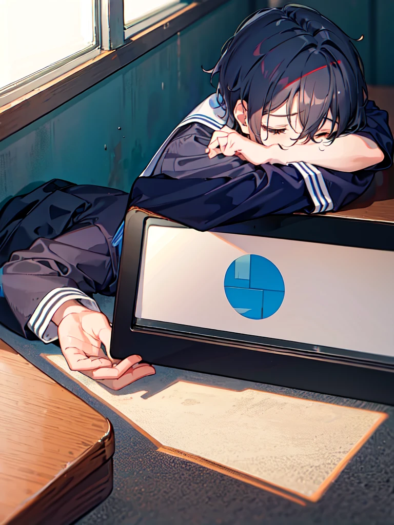 1 boy, Wearing school uniform,Lying on the desk,Sleepy,Stumbled,doze off