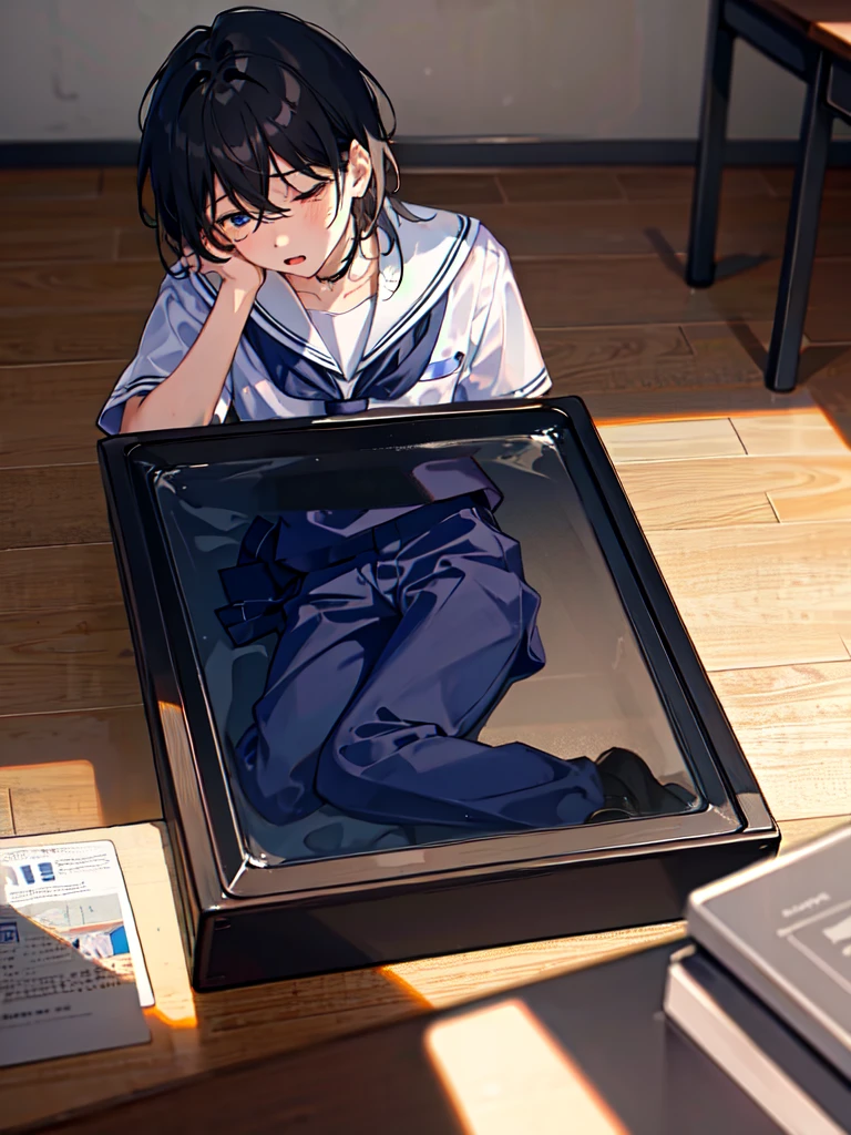 1 boy, Wearing school uniform,Lying on the desk,Sleepy,Stumbled,doze off