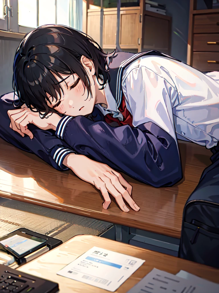 1 boy, Wearing school uniform,Lying on the desk,Sleepy,Stumbled,doze off
