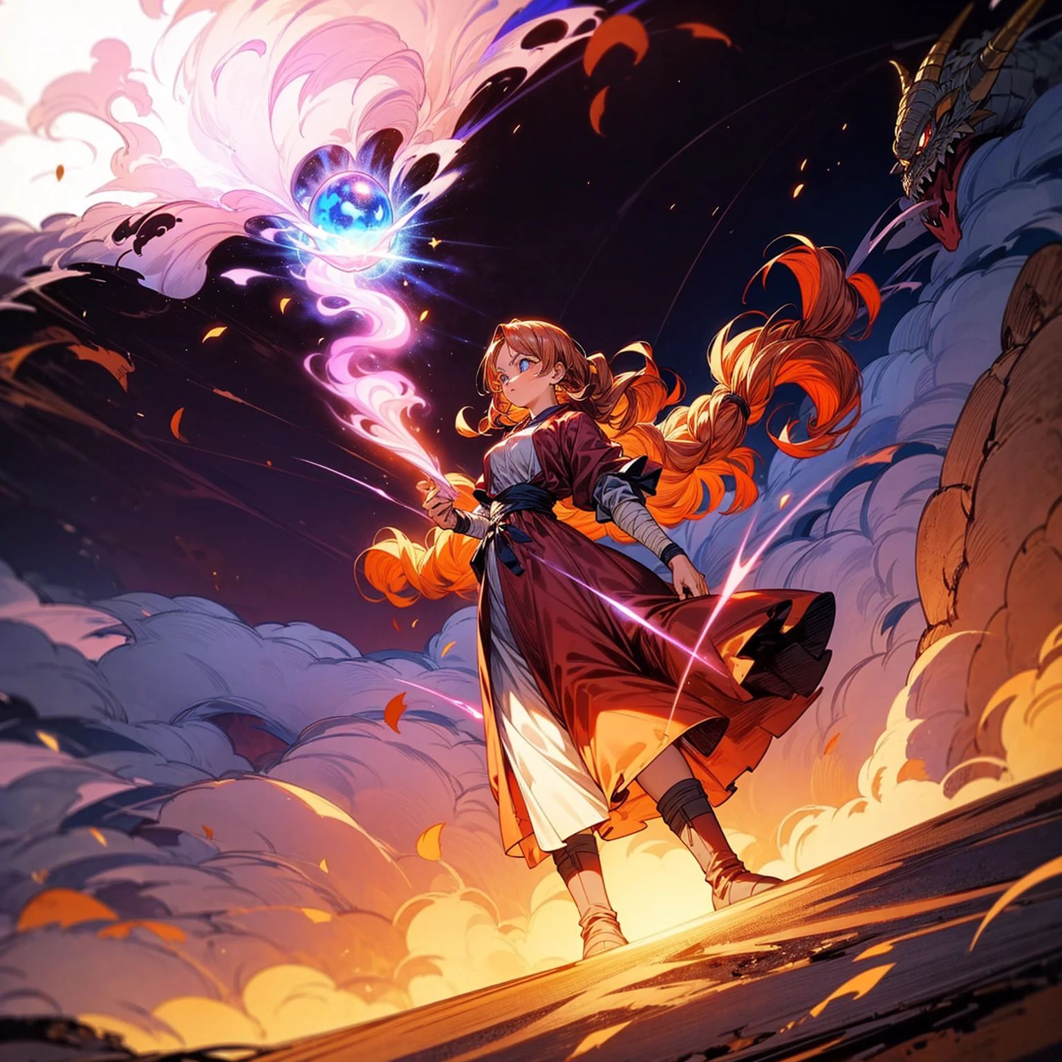 1woman, 1character, woman version, blue eyes, long Curly haircut, pink colour hair, Ancient Roman clothing, red colour clothing, long dress, boots, Bandage on hand, Grassroots, background in field town, motion blur, fire burned in hand, big eyes, ((dragon ball art)), (high angle view), smoke effect, aura effect, blue lighting, (the largest blue fireball), Moonlight, moon, blue fireball light silhouette, blue fire, lightning flash, plasma effect 