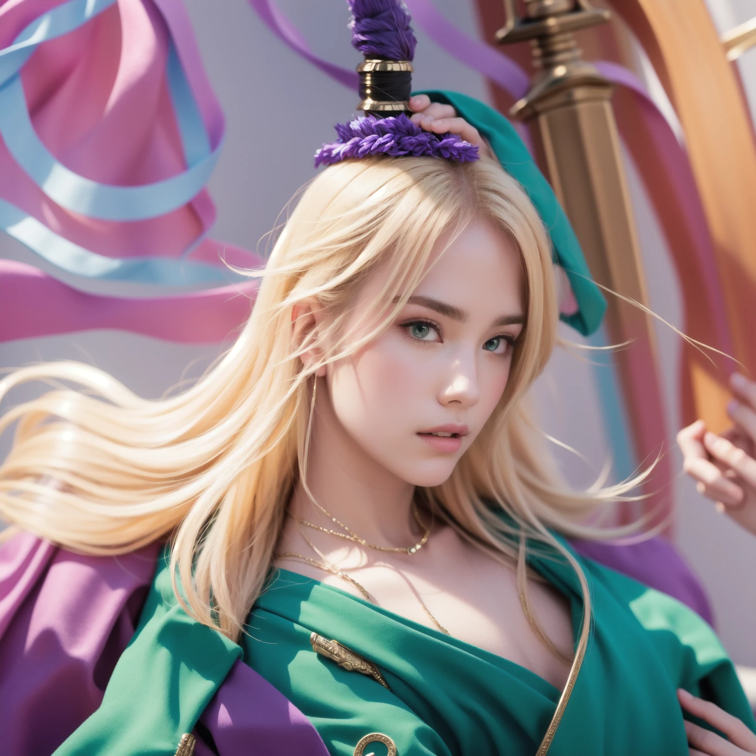 Handsome man, a man with blonde hair and a purple top holding a sword, realistic