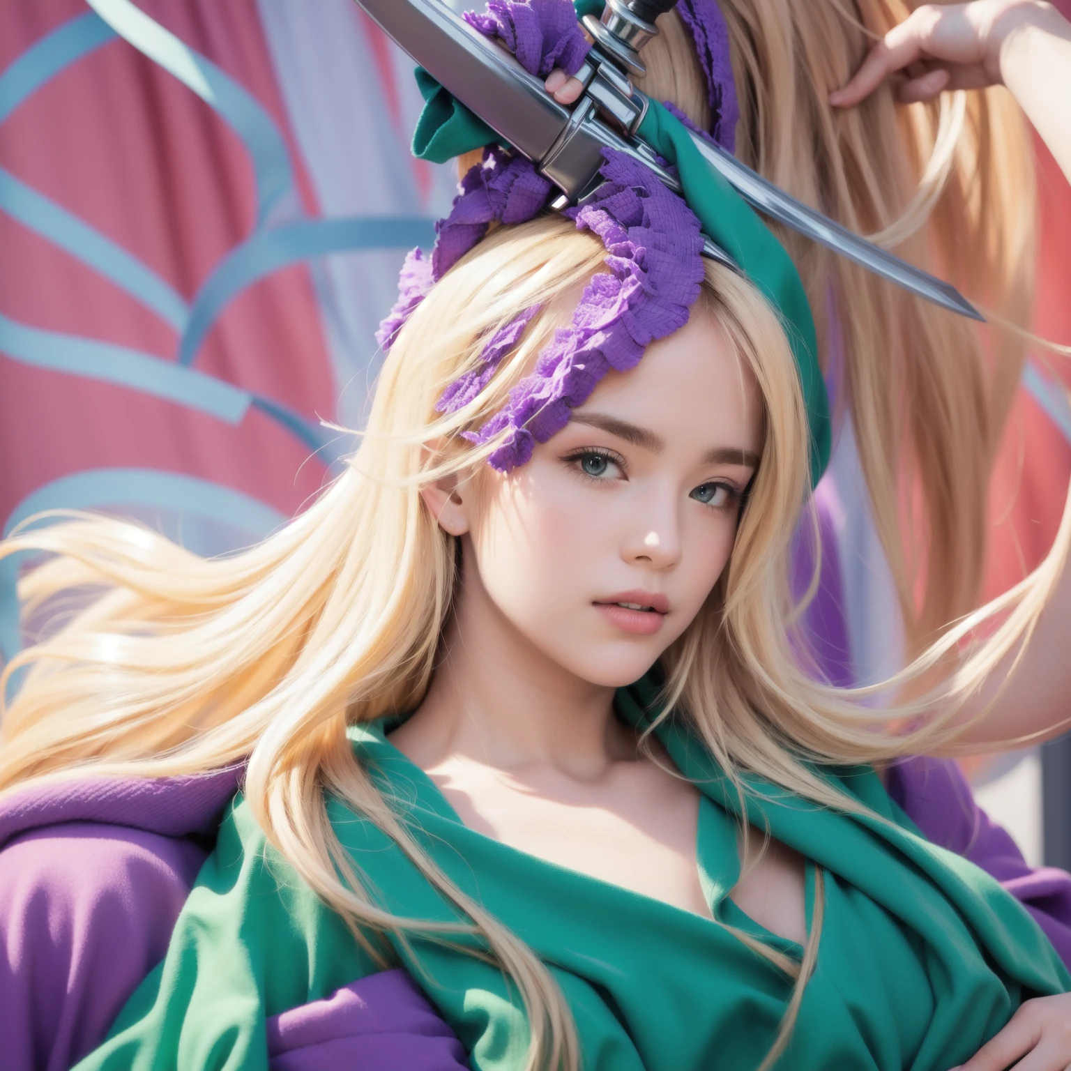 Handsome man, a man with blonde hair and a purple top holding a sword, realistic 
