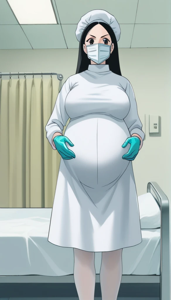 score_9, score_8_up, score_7_up, source_anime, raw image, masterpiece, highest quality, kasuganoray, pale skin, adorable eyes, long black hair, big breasts, scrubs, surgical mask, bouffant cap, long sleeve maternity dress, put on another long sleeved coat, seamless, navel head, the dress isn't wrinkled, long white stockings,
1girl, pregnant, solo, long rubber gloves, looking down, look at viewer, furrowed brow, hospital bed, light shines from the ceiling, standing, patient room background, she is inquiring about the patient's condition