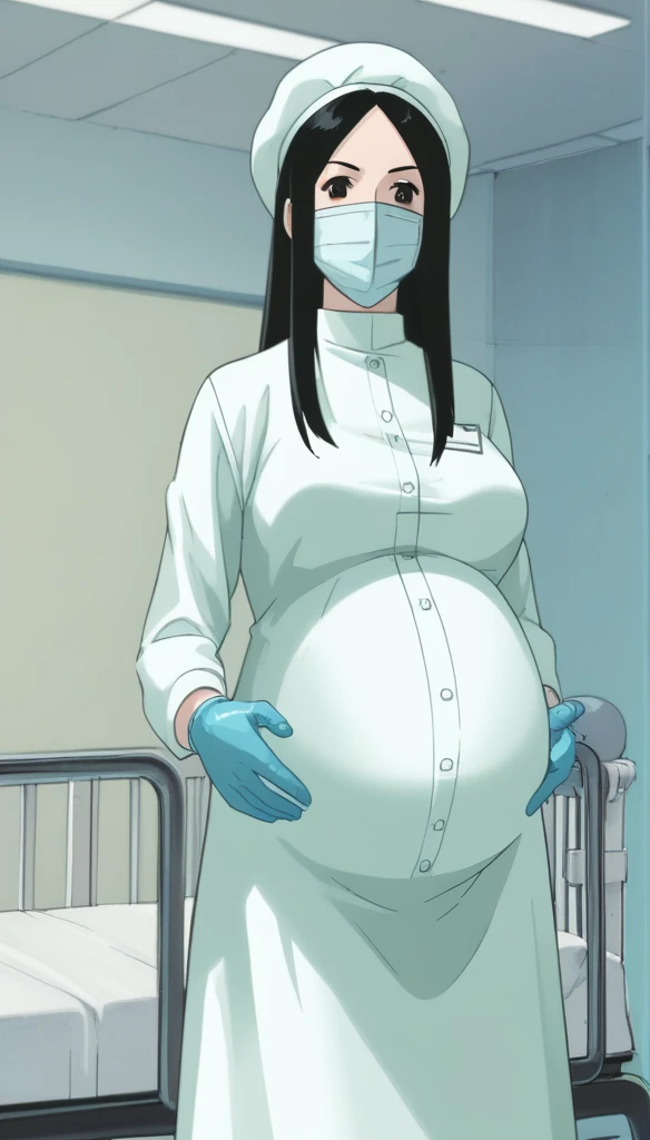 score_9, score_8_up, score_7_up, source_anime, raw image, masterpiece, highest quality, kasuganoray, pale skin, adorable eyes, long black hair, big breasts, scrubs, surgical mask, bouffant cap, long sleeve maternity dress, put on another long sleeved coat, seamless, navel head, the dress isn't wrinkled, long white stockings,
1girl, pregnant, solo, long rubber gloves, looking down, look at viewer, furrowed brow, hospital bed, light shines from the ceiling, standing, patient room background, she is inquiring about the patient's condition