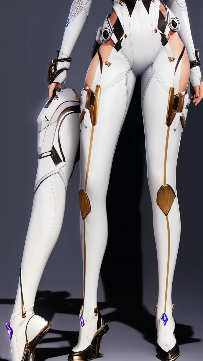 Woman with perfect body, Bunny The First Descendant Ultimate Skin, dressed in a Maio Fri and fitted to the body with white, black and chrome details and with her legs showing