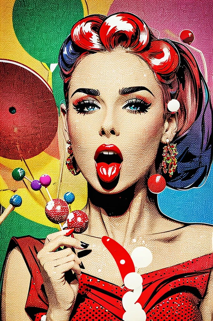 "An illustration of a beautiful woman wearing a red dress, holding a lollipop, with her mouth open. She must have a confident and powerful expression. The style must be pop art, with strong colors, dots and exaggerated features typical of pop art. The background should be simple and light, focusing on the woman’s posture, expression and lollipop.