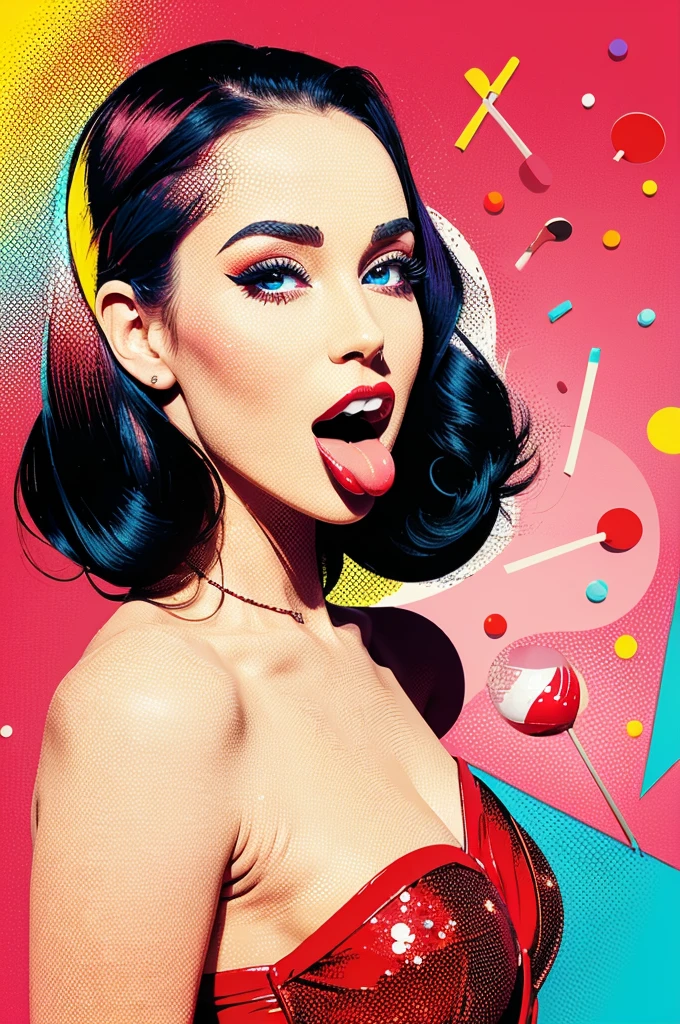 "An illustration of a beautiful woman wearing a red dress, holding a lollipop, with her mouth open. She must have a confident and powerful expression. The style must be pop art, with strong colors, dots and exaggerated features typical of pop art. The background should be simple and light, focusing on the woman’s posture, expression and lollipop.