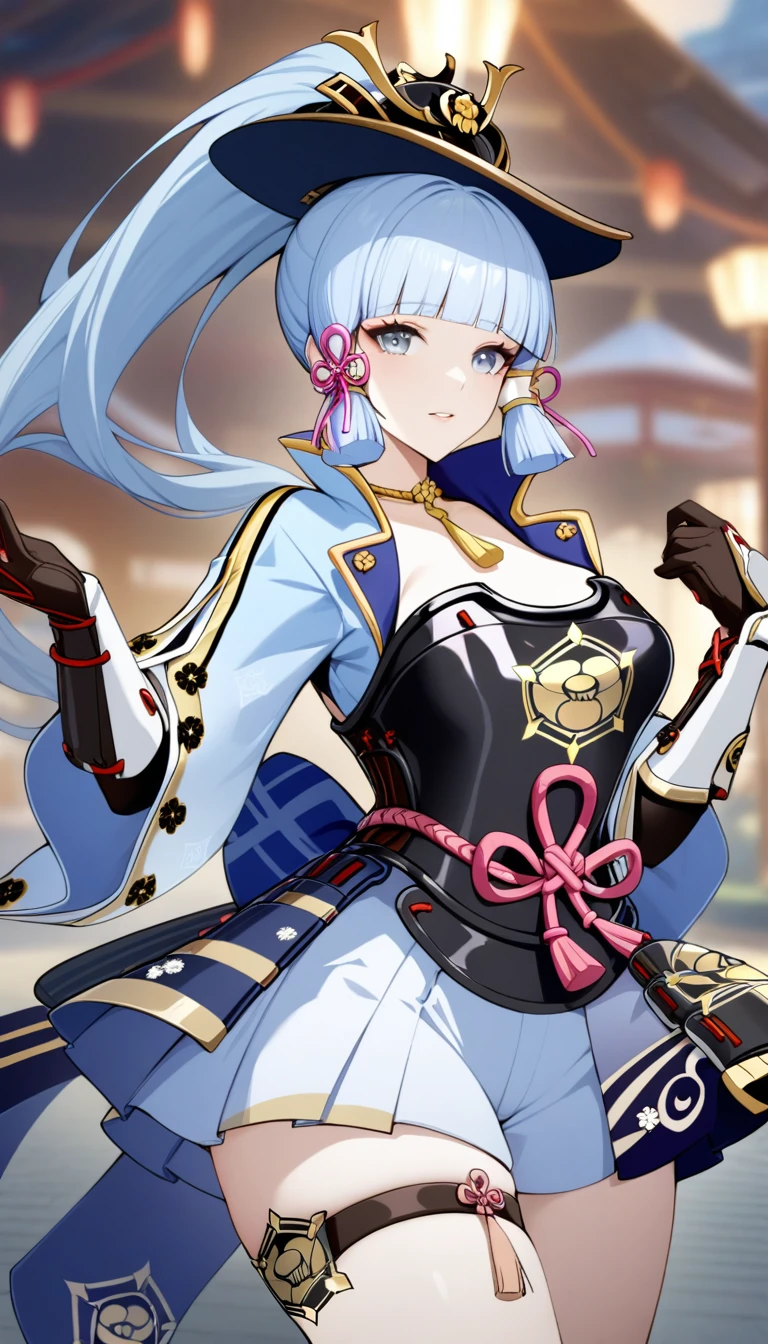 masterpiece, best quality, very aesthetic, absurdres, 1girl, mature_lady,  ,Kamisato Ayaka,Kamisato Ayaka(genshin impact), light blue hair, blunt bangs, a small gold ornament, grey eyes, ponytail ,,hat,ascot,brooch,long sleeves, jacket,blue bow,gloves,white shorts, thigh strap,in an amusement_park,blur background,background defocus,covered_navel