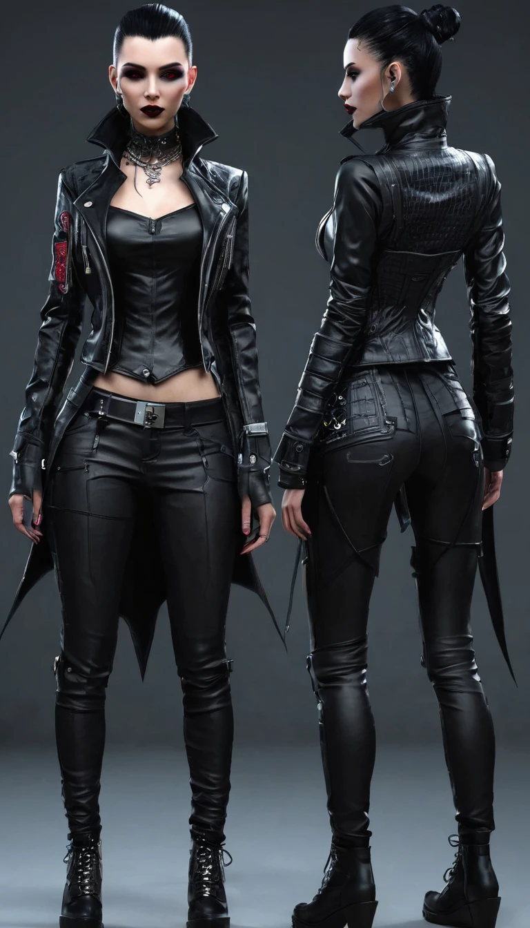 Create a full body mans character and clothing items from vampire clans in modern times and create modern and cyberpunk fashion. Front, side and backCreate a full body female character and clothing items from vampire clans in modern times and create modern and cyberpunk fashion. Front, side and back