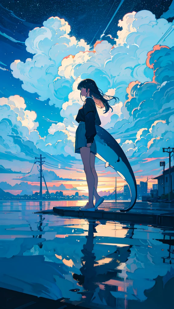 masterpiece, Exquisite detail,Highest quality, One girl, alone, handrail, cloud, Looking up at the buildings,Long Hair, zero, Long sleeve, Power lines, White footwear, Black Hair, View your viewers, Electric pole, bangs, cloudy zero, fish, bird, Green Eyes, Shorts, Day, Black Shirt, barefoot,Whale flying in the sky,Giant whale,night,Star,milky way,night,Pitch black,Buildings,Sitting, High quality anime art style,Standing painting,Splash ink background,Blue Themes,Clear Face,Distinct facial features