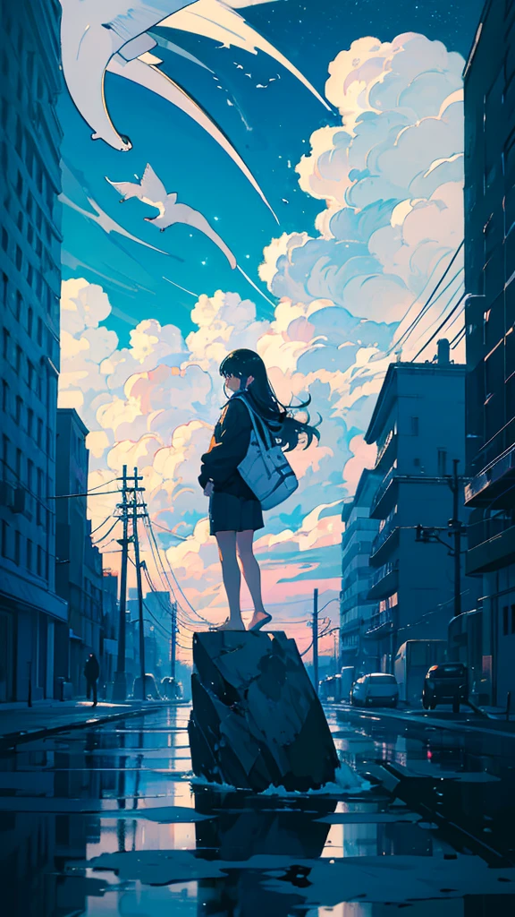 masterpiece, Exquisite detail,Highest quality, One girl, alone, handrail, cloud, Looking up at the buildings,Long Hair, zero, Long sleeve, Power lines, White footwear, Black Hair, View your viewers, Electric pole, bangs, cloudy zero, fish, bird, Green Eyes, Shorts, Day, Black Shirt, barefoot,Whale flying in the sky,Giant whale,night,Star,milky way,night,Pitch black,Buildings,Sitting, High quality anime art style，Standing painting，Splash ink background，Blue Themes,Clear Face,Distinct facial features