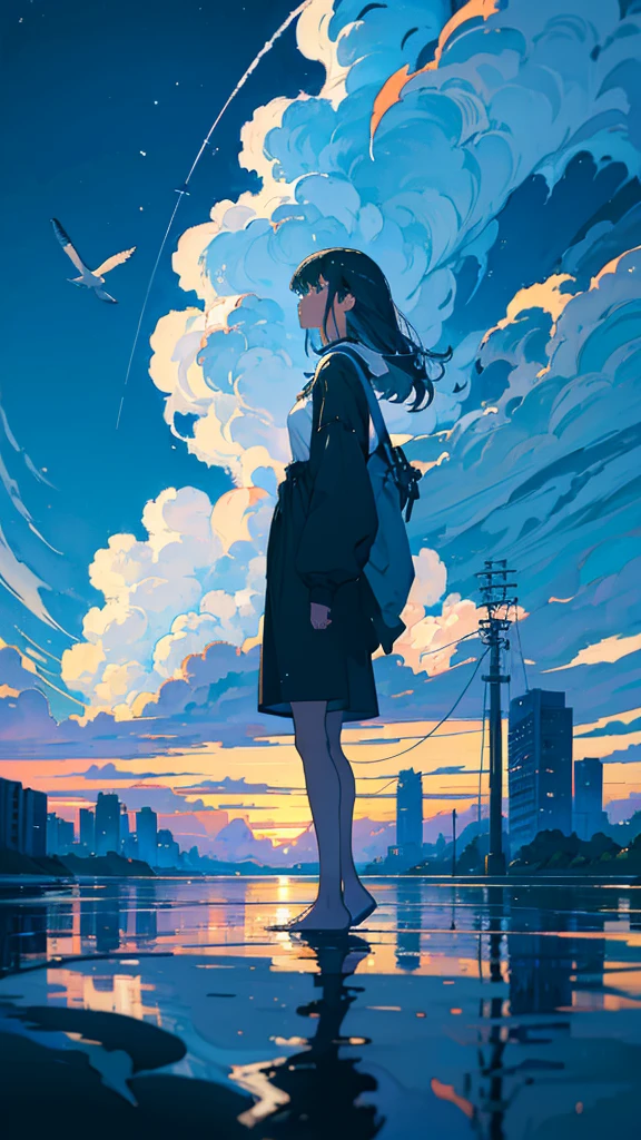 masterpiece, Exquisite detail,Highest quality, One girl, alone, handrail, cloud, Looking up at the buildings,Long Hair, zero, Long sleeve, Power lines, White footwear, Black Hair, View your viewers, Electric pole, bangs, cloudy zero, fish, bird, Green Eyes, Shorts, Day, Black Shirt, barefoot,Whale flying in the sky,Giant whale,night,Star,milky way,night,Pitch black,Buildings,Sitting, High quality anime art style，Standing painting，Splash ink background，Blue Themes,Clear Face,Distinct facial features
