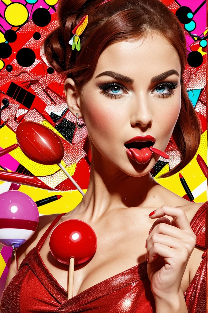 "An illustration of a beautiful woman wearing a red dress, holding a lollipop, with her mouth open. She must have a confident and powerful expression. The style must be pop art, with strong colors, dots and exaggerated features typical of pop art. The background should be simple and light, focusing on the woman’s posture, expression and lollipop.