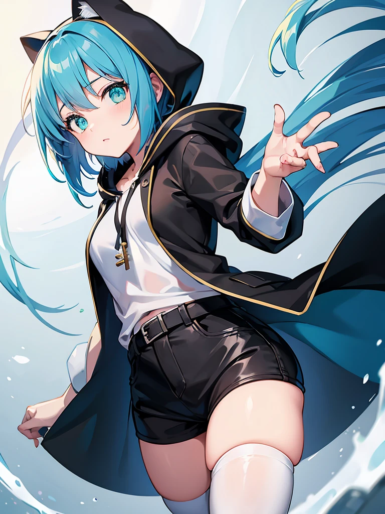 Masterpiece,High Quality,(Full Length 1.2),Animated Standing, Black Half Pants,(Black and White Open Hoodie),Open Hoodie,(Green Hair 1.4),Anime Girl with Short Green Hair and Green Eyes,(Detailed Eyes 1.6),(Clear Eyes 1.4),(Beautiful Eyes 1.4),(Shining Eyes 1.4 ), White cyan, Green hair, Detailed key animated art, Animated portrait, Shining eyes, Blue haired girl, Blue light hair, Black half pants, White stockings, Thighs, 4K

Translated with DeepL.com (free version)